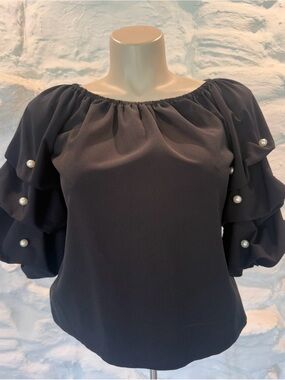 Women’s CiCi Black Pearl-Accent Off-Shoulder Women's 3/4 Sleeve Top Size Medium